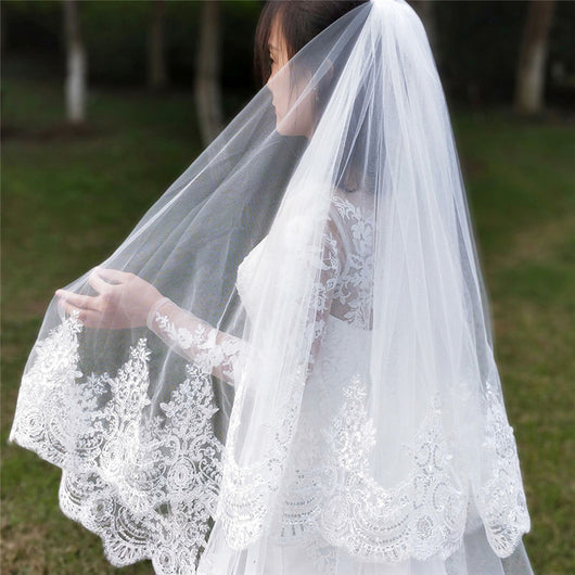 2 Layers Sequins Lace Cathedral Wedding Veils with Comb Long White or ...