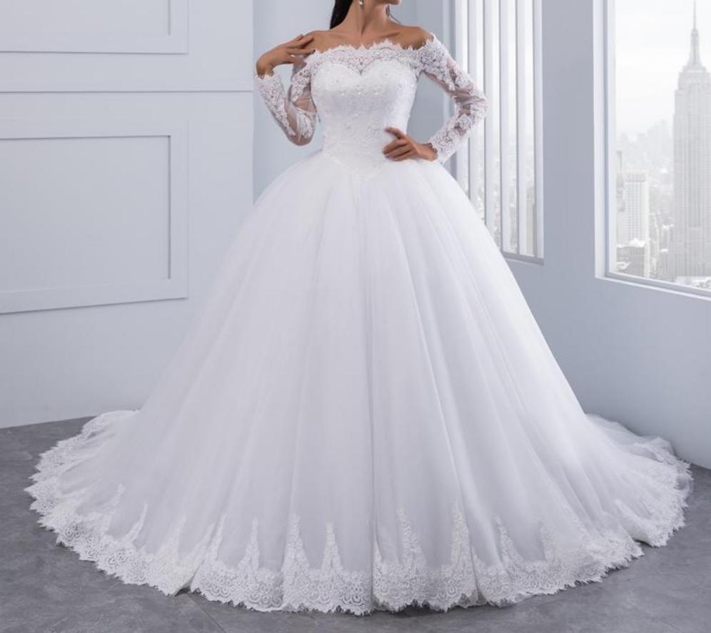 Lace Wedding Dress Long Sleeves Off Shoulder Tulle Puffy Bridal Gowns ...