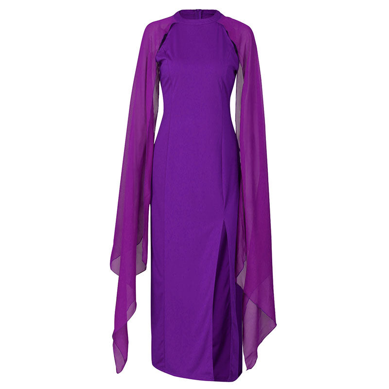Womens Chiffon Evening Dress With batwing long sleeves and side slit ...