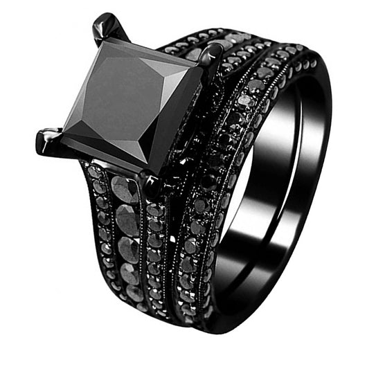 Black Princess Cut Zircon Engagement Ring Set His Her Couple Ring ...
