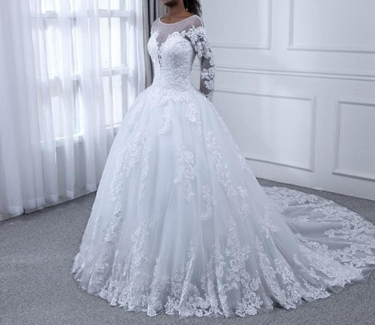 Bling Ball Gown Wedding Dresses Lace Pearls Long Sleeves Bridal Gowns ...