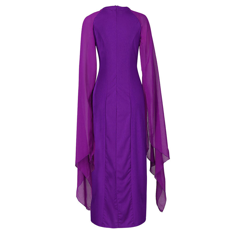 Womens Chiffon Evening Dress With batwing long sleeves and side slit ...