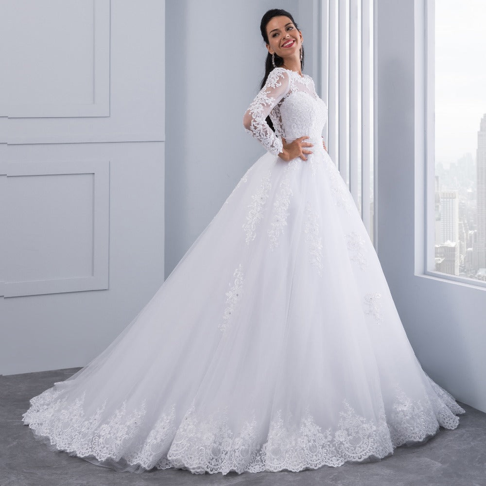 Ball Gown Wedding Dresses with Detachable train Lace Appliques Pearls ...