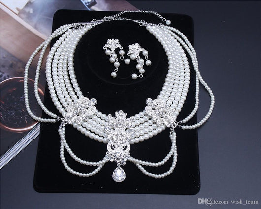 Silver Crystal Rhinestone Pearl Wedding Bridal Choker Necklace Earring Bling Brides Bouquet 6860