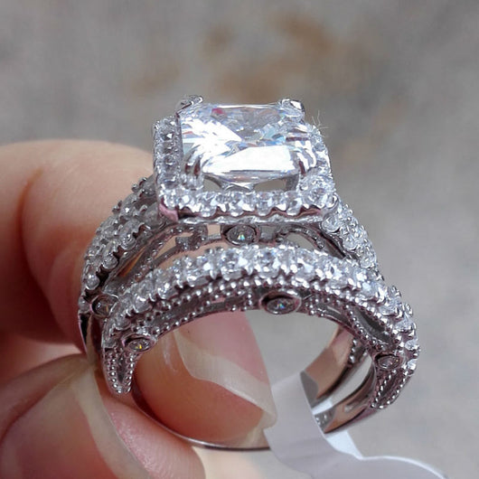 2.8 Ct Princess Cut CZ Solid 925 Sterling Silver Wedding ring set ...
