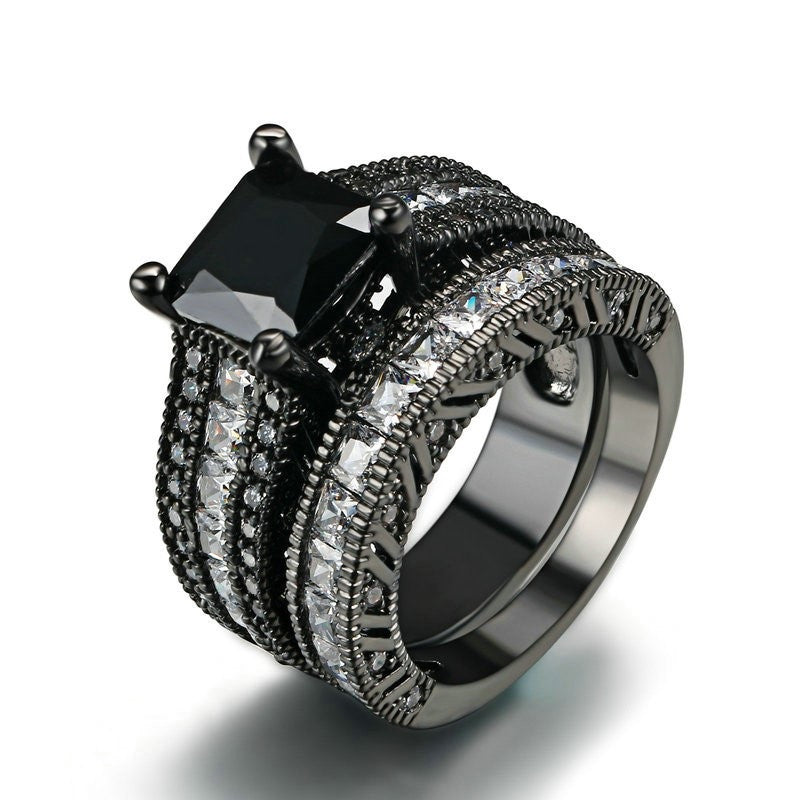 Black topaz & Clear Crystal Bridal Rings Sets Black Gold Color wedding ...