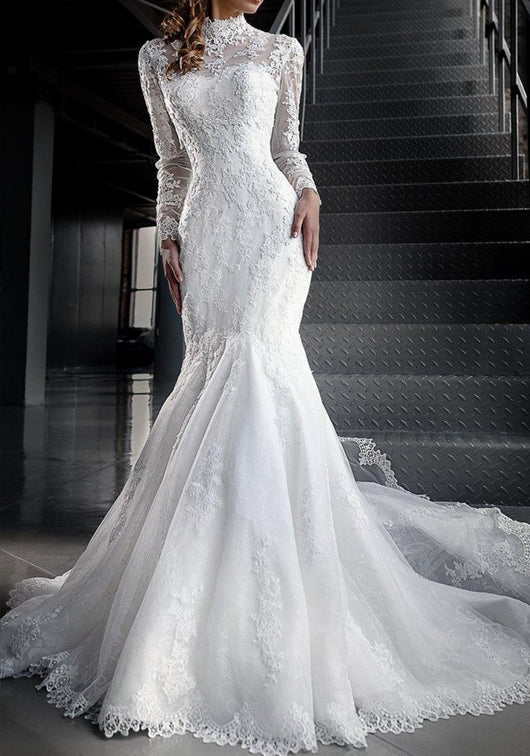 Mermaid Lace Wedding  Dresses  with High Neck Long Sleeves  