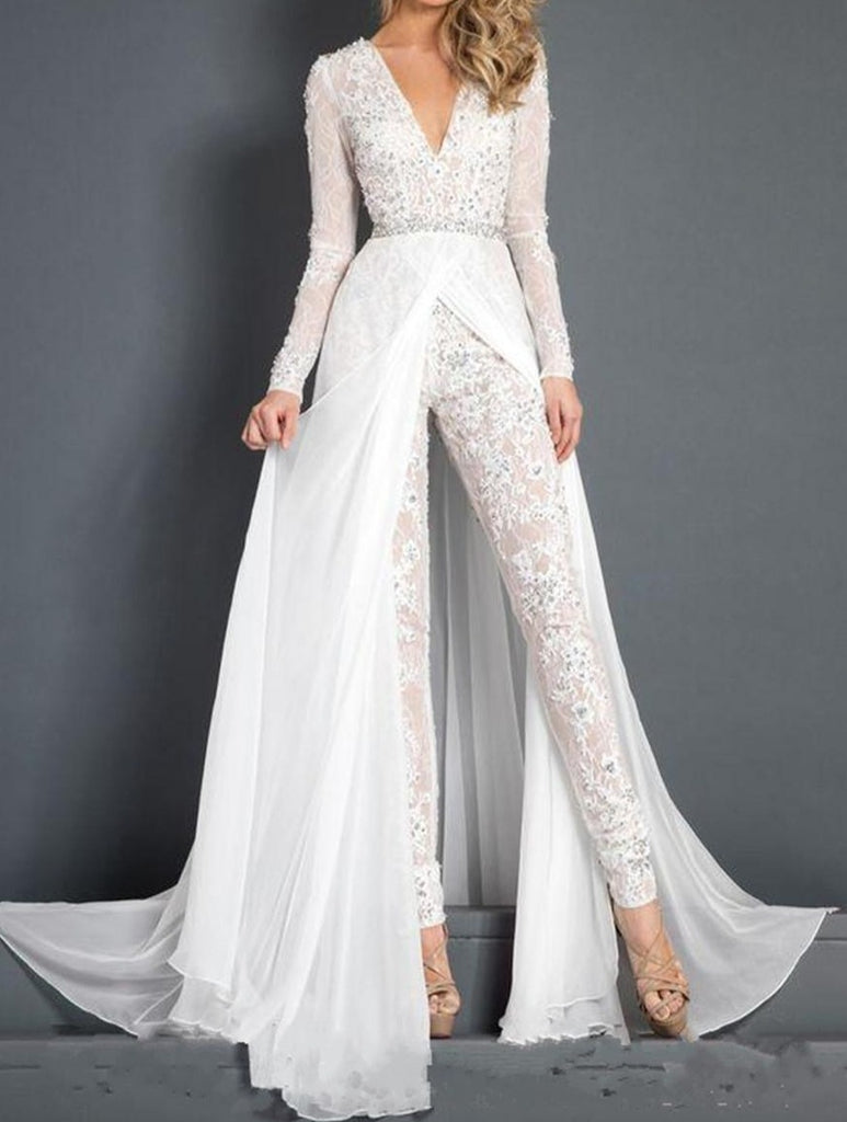 Lace Chiffon Wedding Dress Jumpsuit Beaded Beach V neck Bridal Gown ...