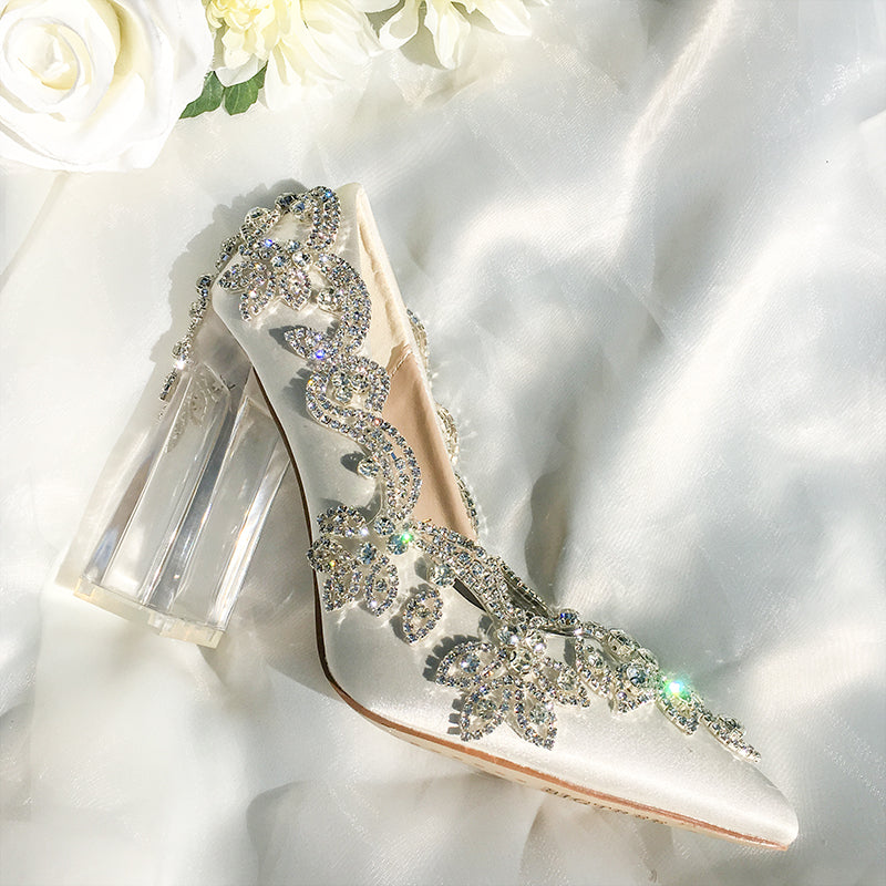 Bling Crystal Wedding Shoes Clear Square Heels Satin Silk Pumps Bling