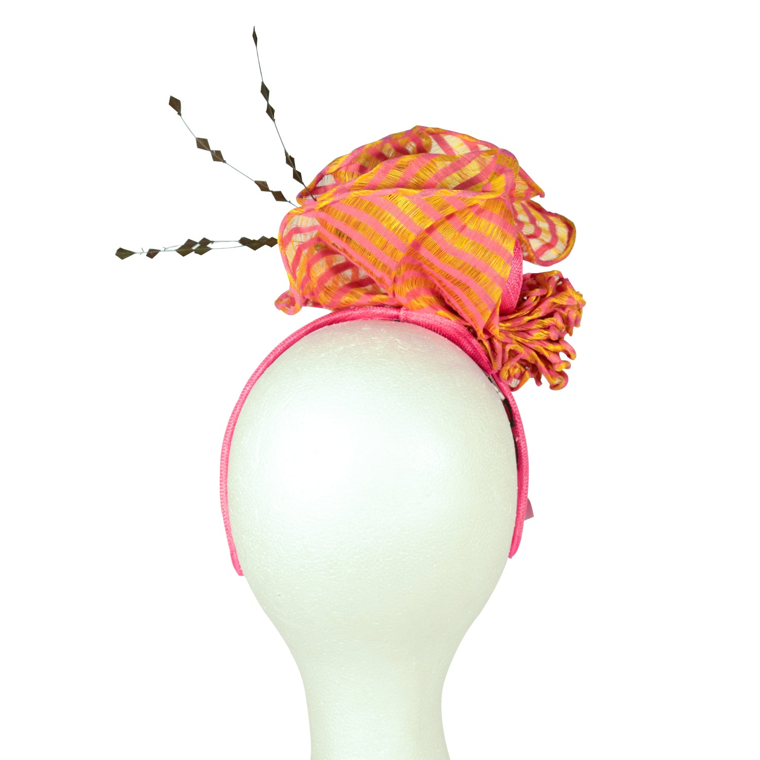 Pink Fuscia and orange with black feathers abaca straw fascinator