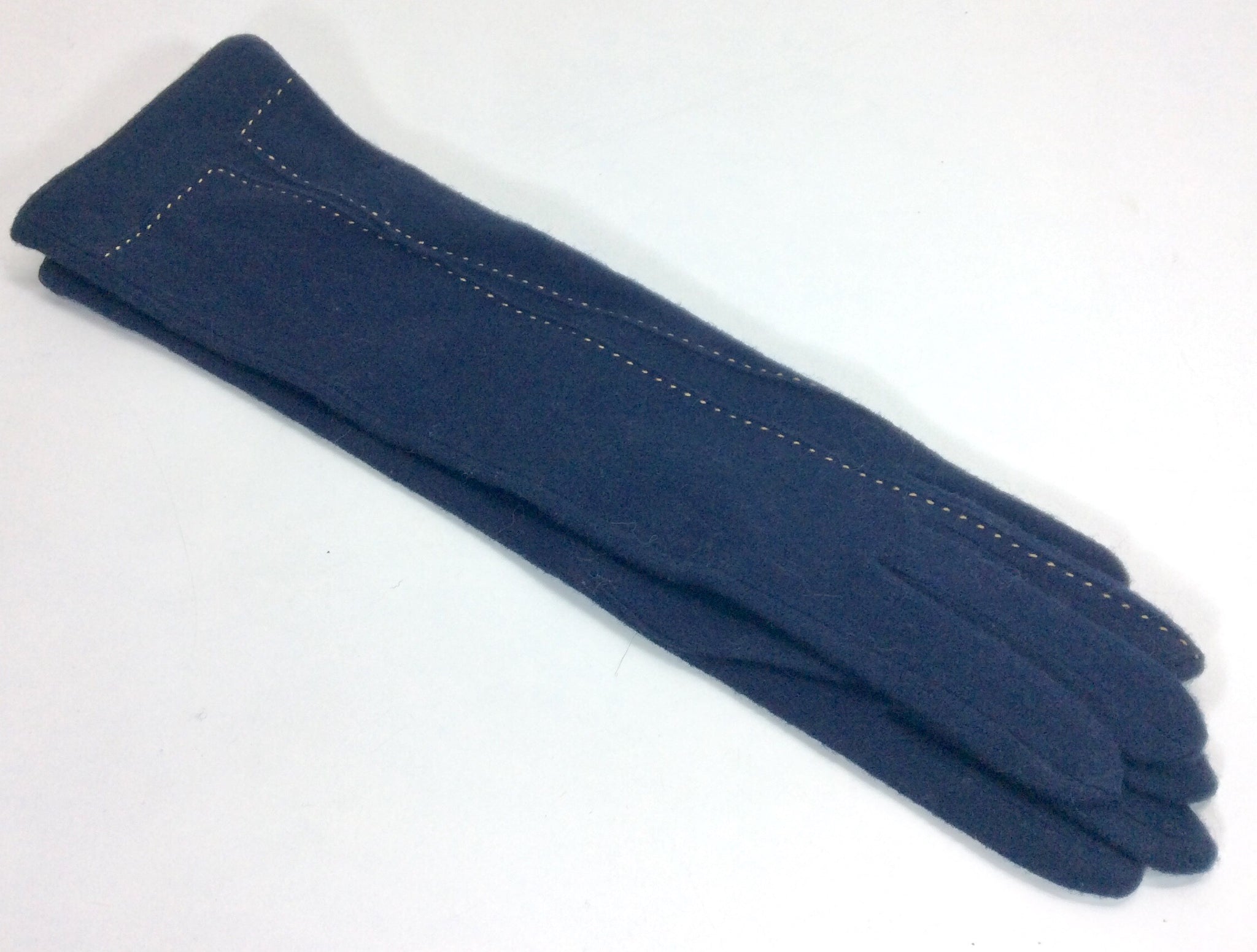 Elbow length navy woollen gloves with taupe stitching detail