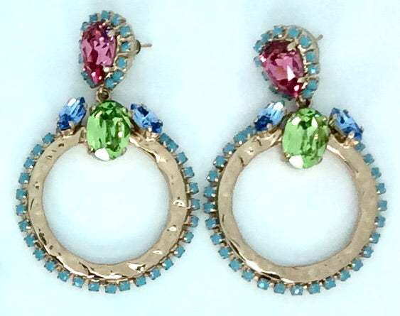 Stunning blue green and pink crystal French designer earrings