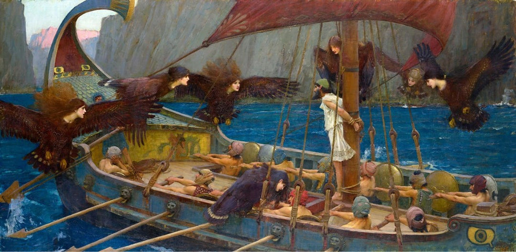 Odysseus and the Sirens (1891) shows the Greek warrior-king bound to his ship's mast as the Sirens' song calls to him. Painting: John William Waterhouse