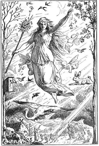 The goddess Ēostre/*Ostara flies through the heavens surrounded by Roman-inspired putti, beams of light, and animals. Germanic peoples look up at the goddess from the realm below.