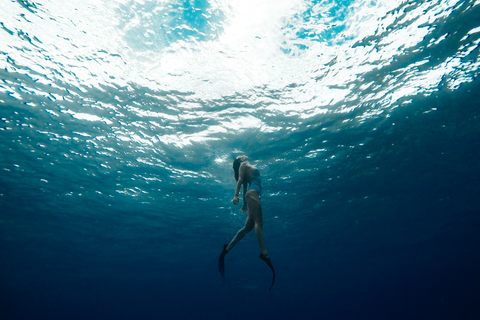 a free-diver rises toward the surface of the water