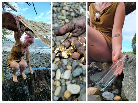 Triptych of pink-haired Sea Witch founder on a rocky beach, climbing on seaweed covered trees, holding a bottle of moonwater. photo by Madeleine (Peach) Ingridsdotter