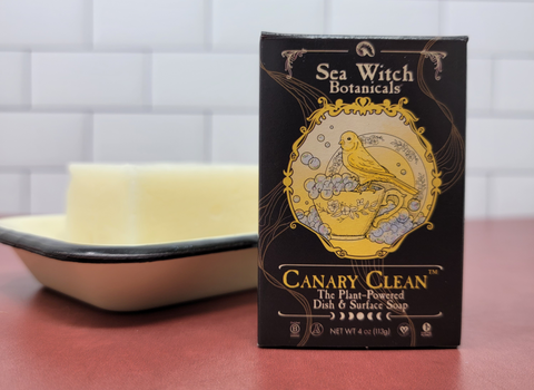 Canary Clean solid dish soap in and out of its packaging.