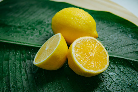 Two lemons on a large wet leaf, one sliced open
