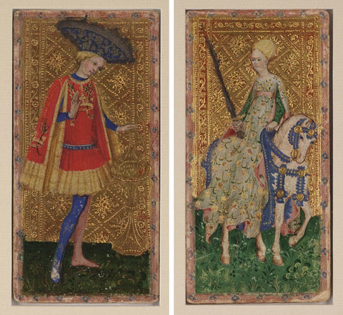 Two old Italian tarot cards gilded with a golden texture.