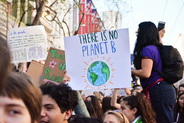Person holding 'there is no Planet B' poster