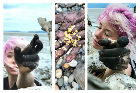 A triptych of the pink-haired Sea Witch founder with blackened charcoal fingers and gold flakes.