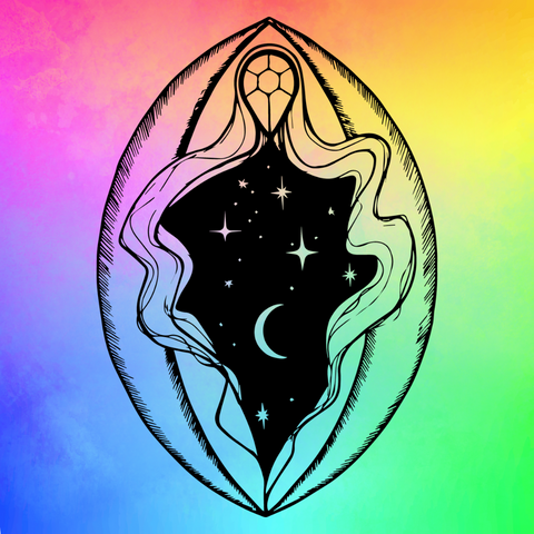 The Vasheen (tm) vulva art logo over rainbow background.