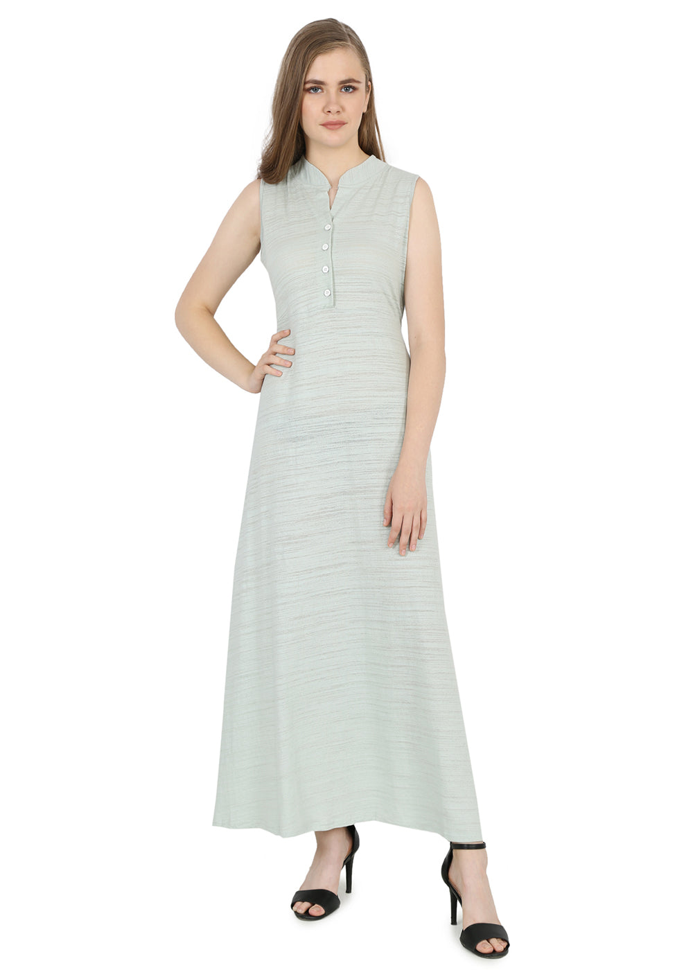 Sleeveless Women Long Dress in Solid Pattern- Pista