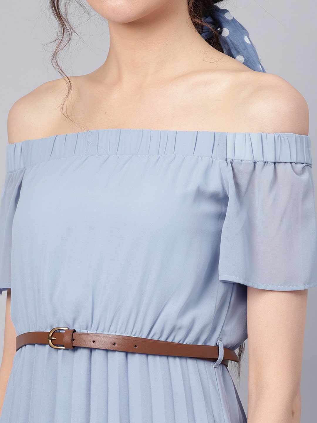 Women Blue Solid Accordian Pleats Off-Shoulder A-Line Dress