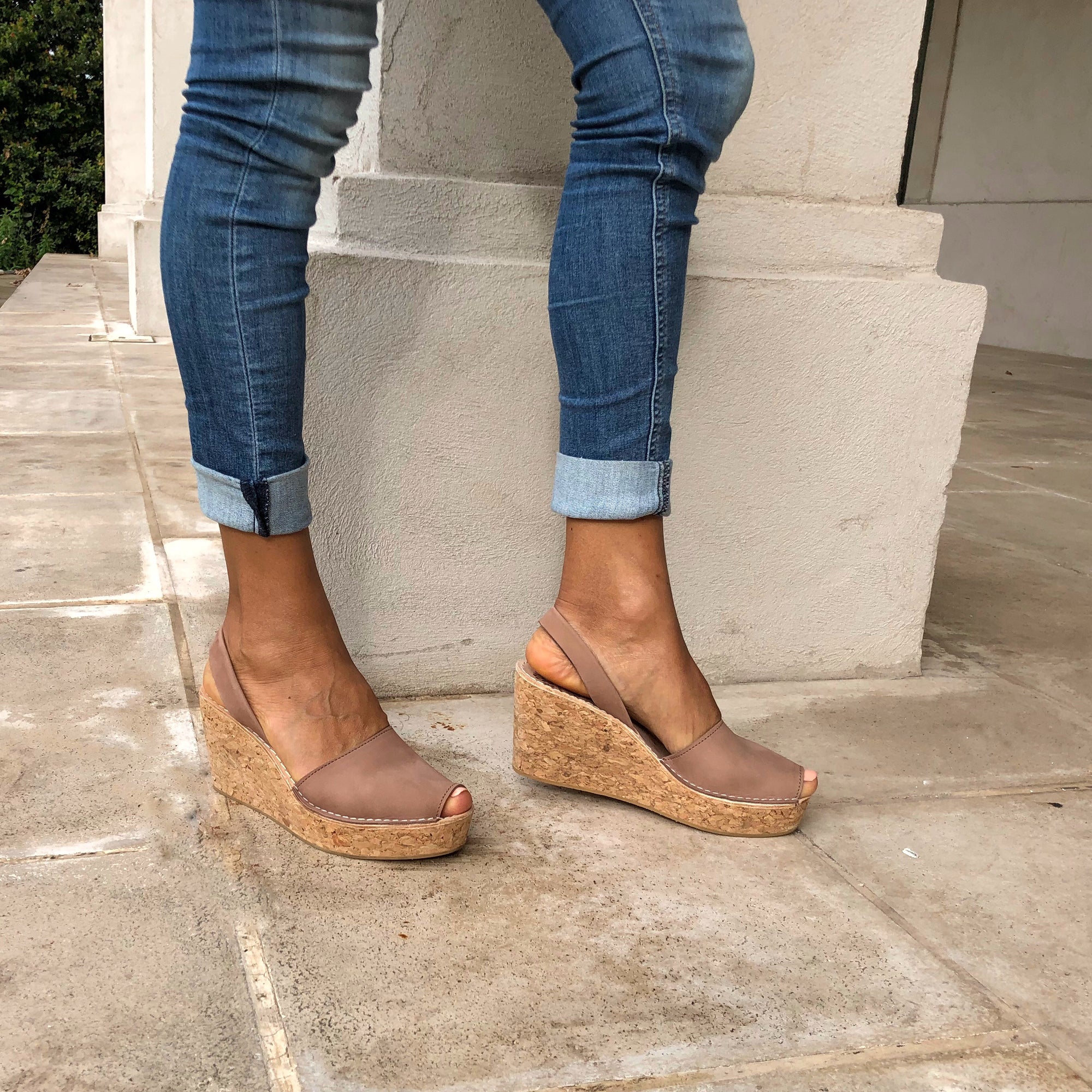 Tan nubuck cork wedge sandals 