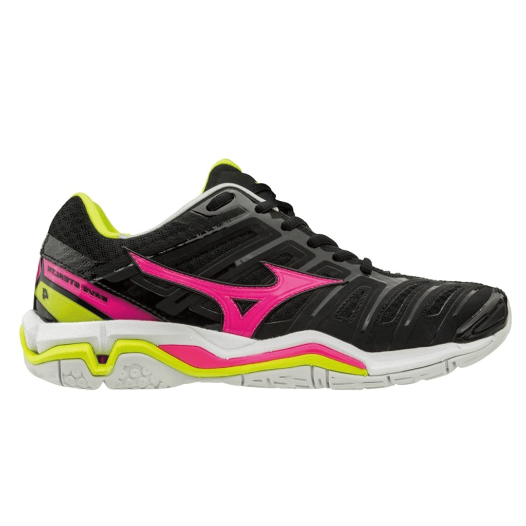 Mizuno Wave Stealth 4 Womens Netball Shoes | Black/pinkglo/syellow |  Alexandra Sports
