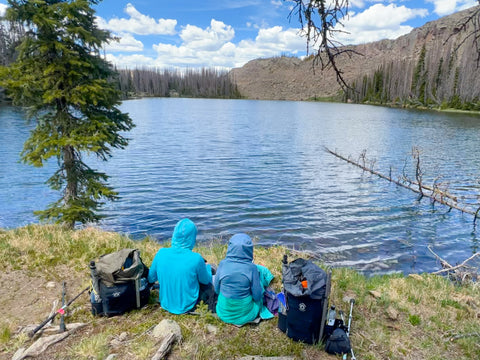 Hikers sitting by a lake