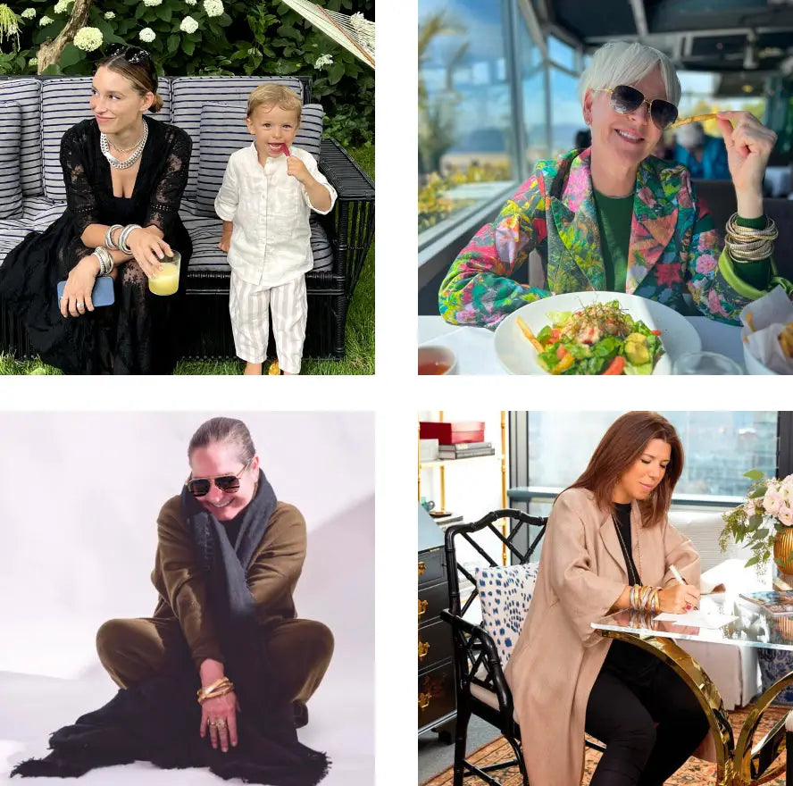 Four photos in a collage - all featuring women wearing Sidney Garber rolling bracelets in various settings: while at home with children, out to lunch, at the offfice and in the snow.