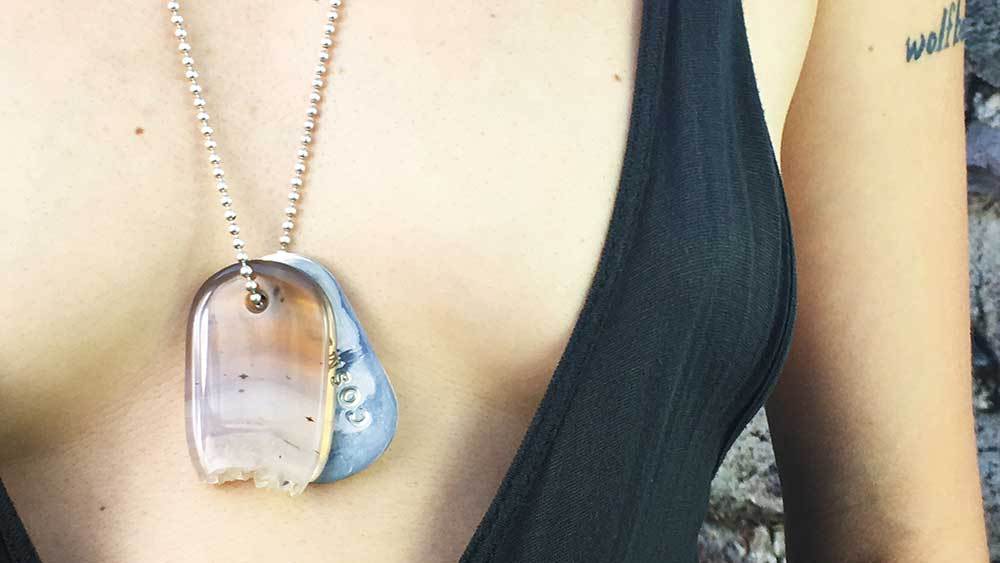 Talisman of Agate with Quartz Crystal and Silver "COSMIC" Stamped Goddess Tag Necklace