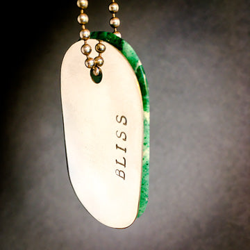 Talisman of Green Agate and Quartz and Silver "BLISS" Stamped Goddess Tag Necklace