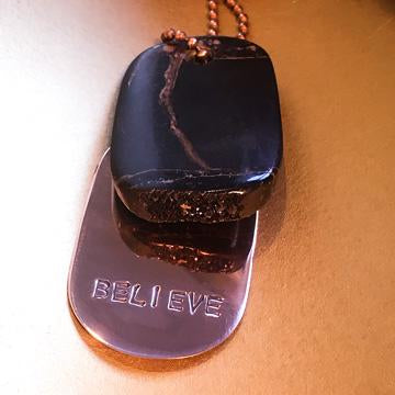 Talisman Iridescent Shamanite (Black Calcite) with Druzy and Copper "BELIEVE" Goddess Tag Necklace