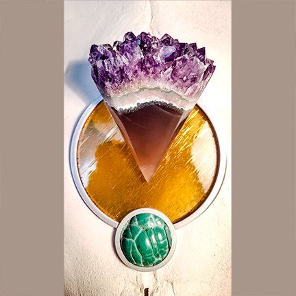 Cow Skull with Stone Intarsia Design in Amethyst geode, yellow glass and Botryoidal Malachite