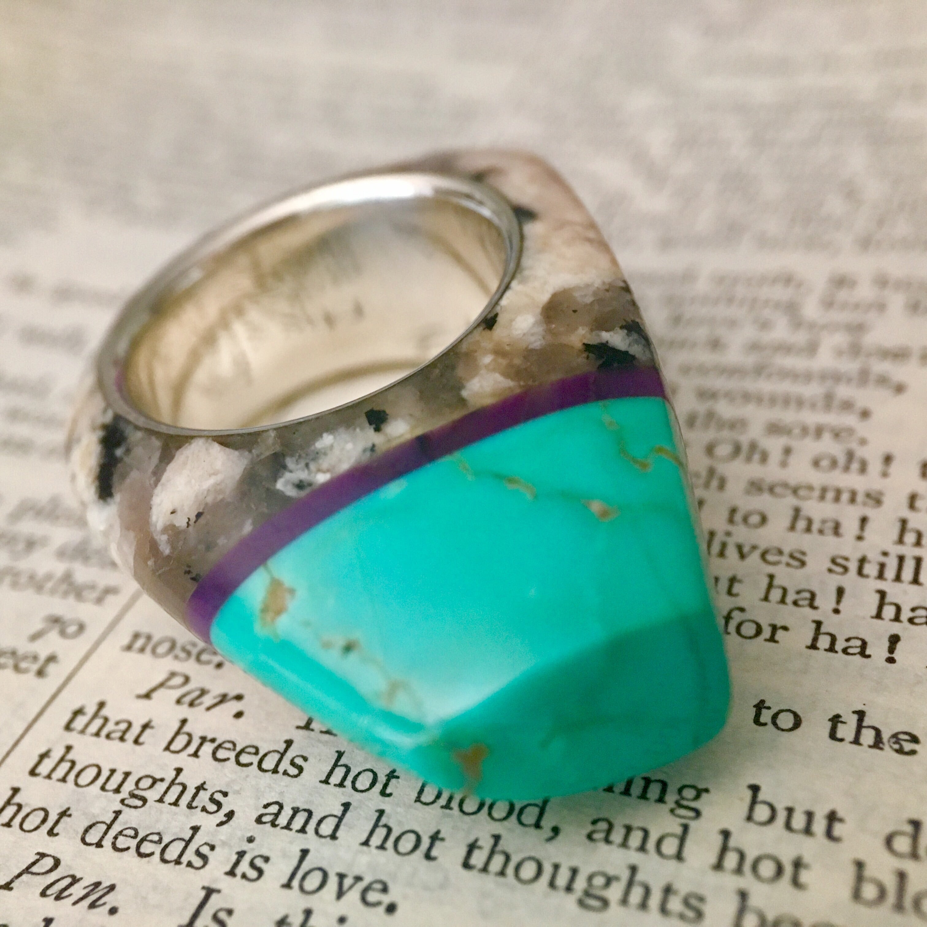 Turquoise, Granite, Sugilite and Silver Talismanic Ring in Size 6.5