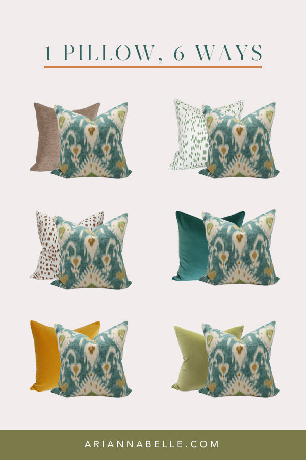1 Pillow, 6 Ways | Designer Pillow Combination Ideas for the Tilbury Teal Ikat | Arianna Belle