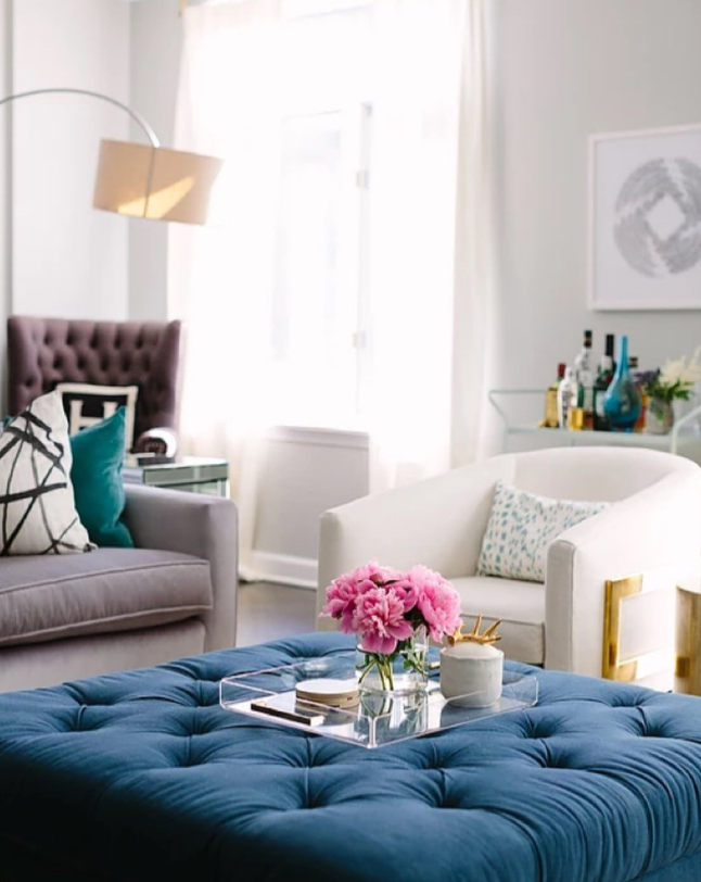 living room with grey sofa and blue tufted ottoman | pillows from Arianna Belle | interior design by Alex Kaehler 