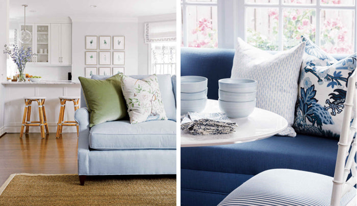 blue sofas with designer pillows