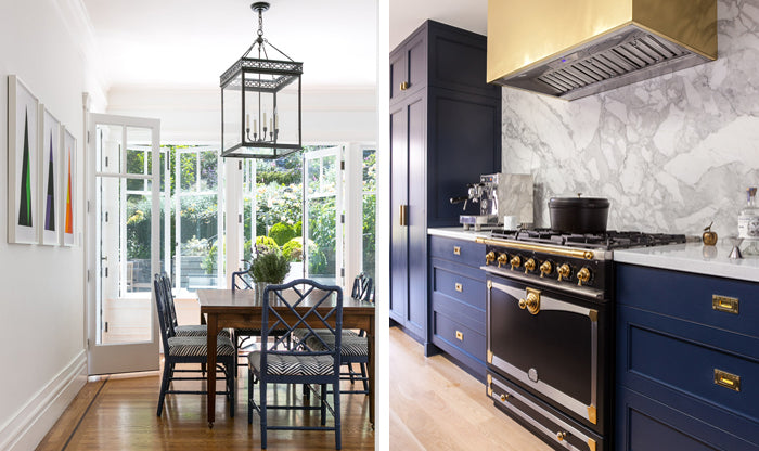 dining room with chippendale chairs with Quadrille Zig Zag seat cushions| navy high end kitchen with marble backsplash | | interior design by Grant K. Gibson