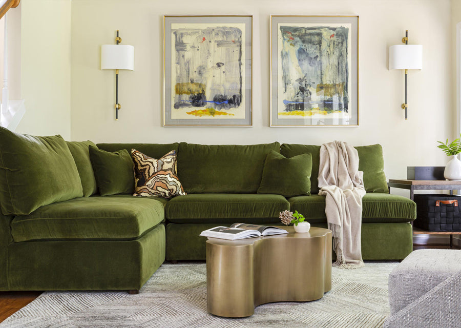 Olive Green Velvet Sectional Sofa with Decorative Pillows | Design by Lee Waters Interior Designer