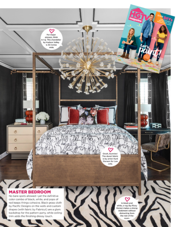 Veronica Solomon luxurious moody master bedroom as seen in HGTV magazine | black and white with pops of color