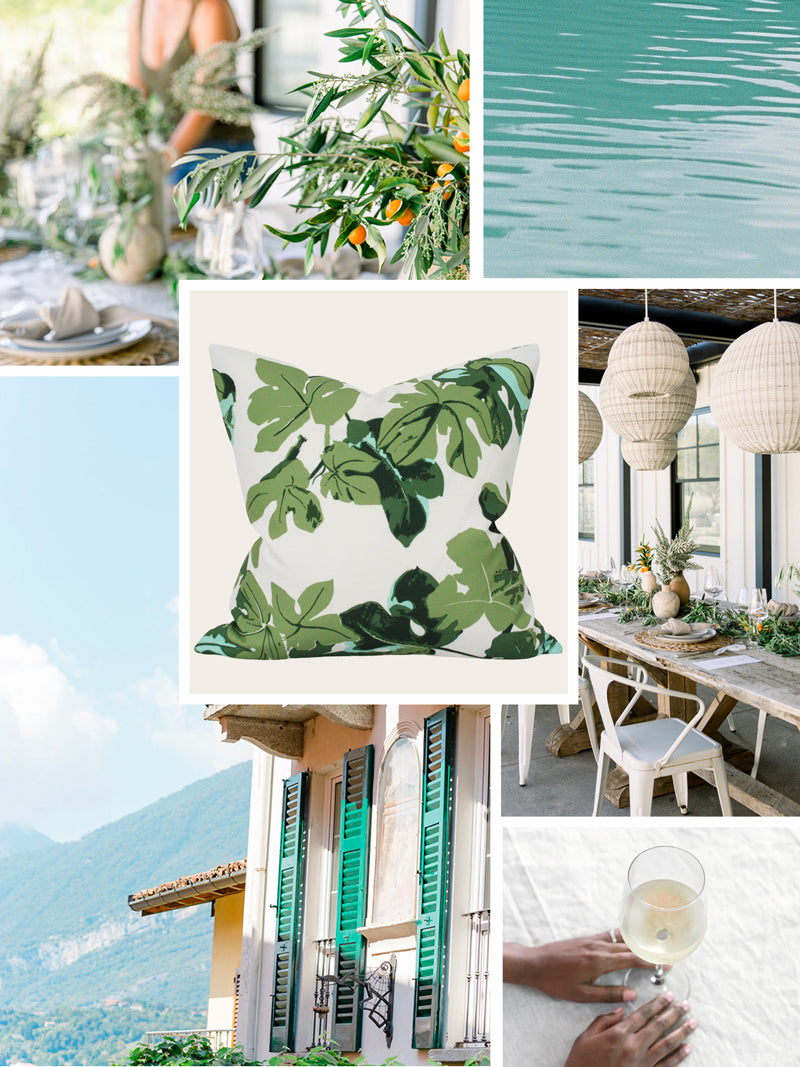 Summer Mood Board featuring Fig Leaf Green designer luxury pillow | Arianna Belle