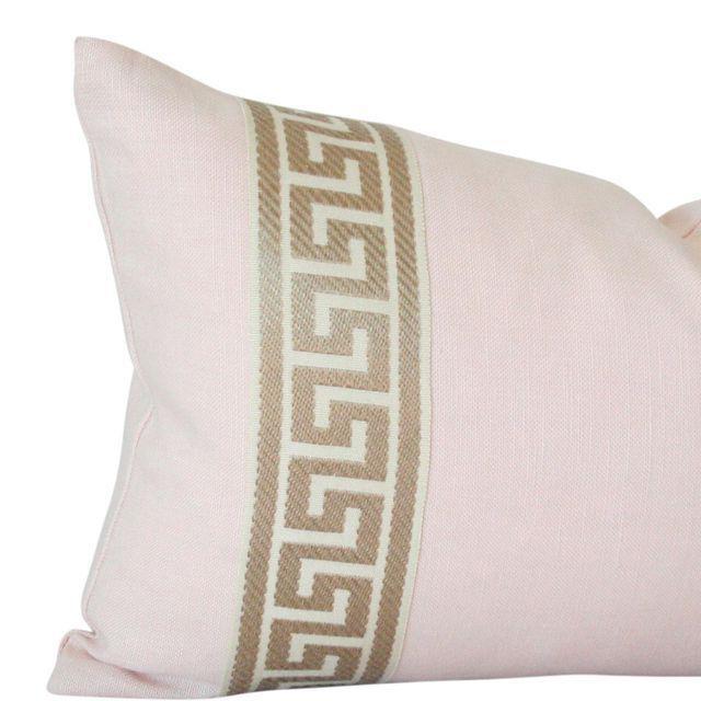 Pale Pink Linen with Greek Key Border lumbar Designer ...