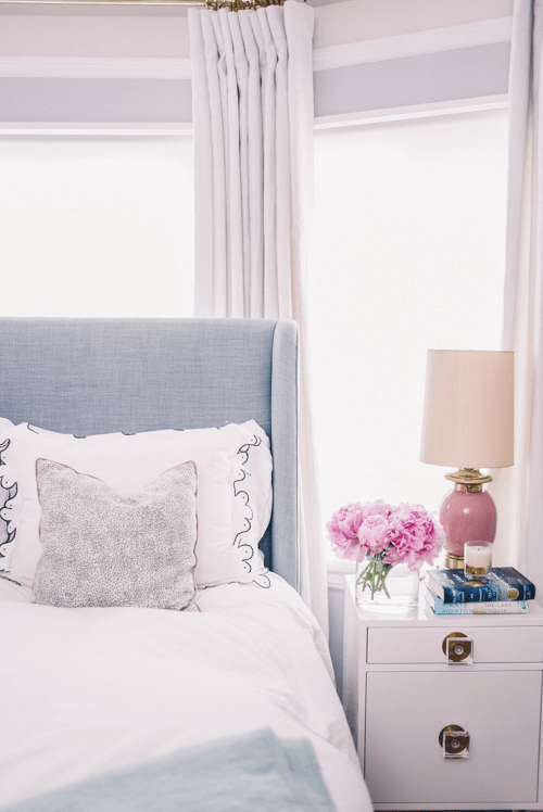 Gal Meets Glam bedroom with Confetti Cream pillows with Rose French Piping from Arianna Belle