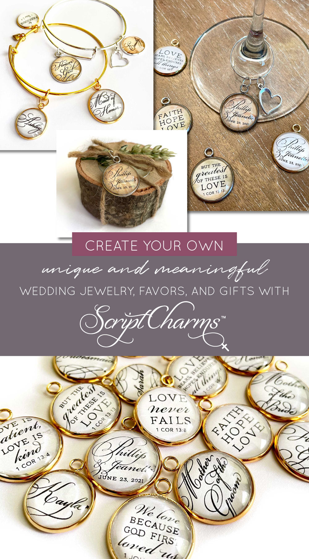 Create your own unique and meaningful wedding jewelry, favors, and gifts with ScriptCharms charms