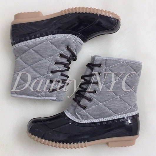 gray and black duck boots