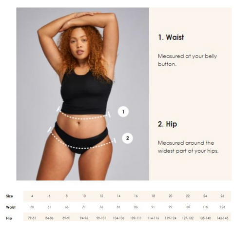 Size guide for Modibodi period underwear and swimwear.