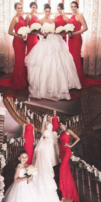 Charming Red Halter Sexy Mermaid Lace Bridesmaid Dresses, BG51076 - Bubble Gown